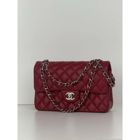 CHANEL Timeless Classic Small Red Caviar Leather Double Flap Shoulder Bag