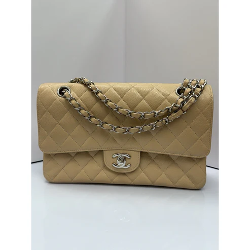 CHANEL Medium Classic Double Flap Beige Caviar Leather Shoulder Bag 2012-2013