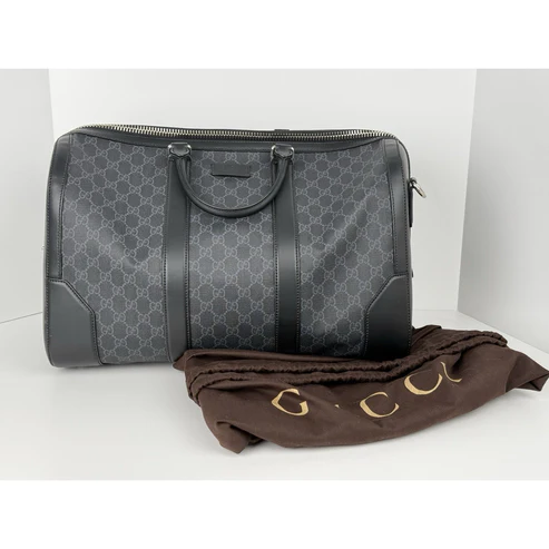 Gucci Large Savoy Duffle Bag GG Supreme Monogram Grey/Black Calfskin Trim
