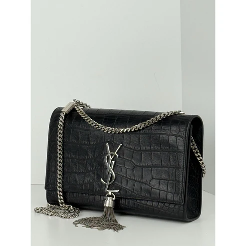SAINT LAURENT Calfskin Crocodile Embossed Medium Kate Tassel Crossbody Black